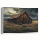 Framed canvas wall art showcasing a scenic landscape with rustic barns, featuring a white frame and vibrant colors, ideal for enhancing home decor.