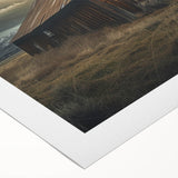 Colorful rolled canvas showcasing a serene landscape of a rustic barn surrounded by lush greenery, designed for wall art collection, perfect for home decor.