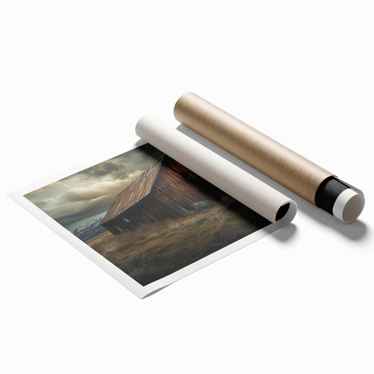 Rolled print showcasing a serene landscape with a rustic barn, vibrant green fields, and a bright blue sky, perfect for home decor or art collection.