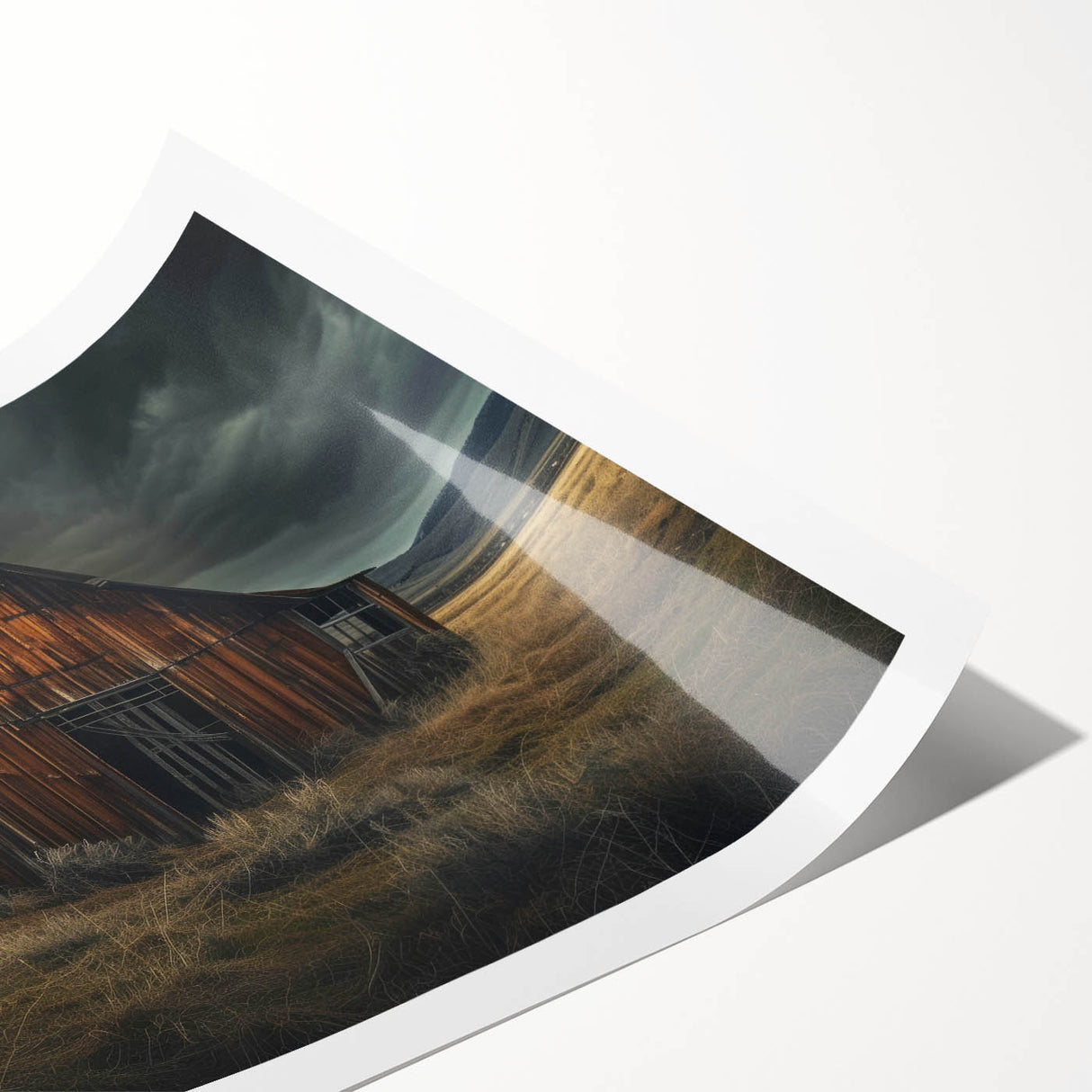 Rolled print of a rustic barn landscape design, showcasing vibrant autumn colors and detailed textures, ideal for home decor. Perfect for farmhouse-themed interiors.