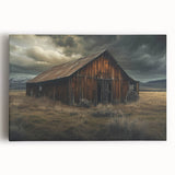 Stretched canvas wall art showcasing a vibrant rural landscape featuring a rustic barn surrounded by lush greenery and a clear blue sky, perfect for home decor.