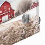 Close-up of a vibrant acrylic glass wall art piece showcasing a serene landscape with rustic barns, perfect for home decor and enhancing interior aesthetics.