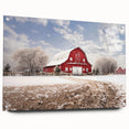 Acrylic wall art design showcasing a vibrant landscape featuring rustic barns, displayed in a stylish side view with decorative pins, perfect for home decor.
