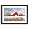 Framed wall art showcasing a scenic landscape with a rustic barn design, featuring a sleek black frame and mat, ideal for home decor enhancement.