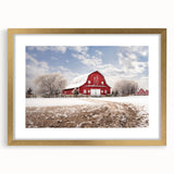 Framed landscape wall art featuring a rustic barn design with a gold mat, showcasing a serene countryside scene, perfect for home decor enhancement.