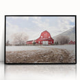 Framed acrylic wall art featuring a picturesque barn landscape design with vibrant colors, set in a sleek black frame, ideal for home or office decor.