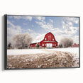 Framed canvas wall art showcasing a serene landscape with a classic red barn, set against a vibrant green field and blue sky. Ideal for rustic home decor.