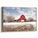 Framed canvas wall art featuring a picturesque landscape of a rustic barn, accented with golden hues, showcasing a serene countryside view. Perfect for home decor.