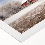 Rustic landscape wall art featuring a serene barn scene at sunset, printed on high-quality rolled canvas, ideal for home decor and interior design enthusiasts.