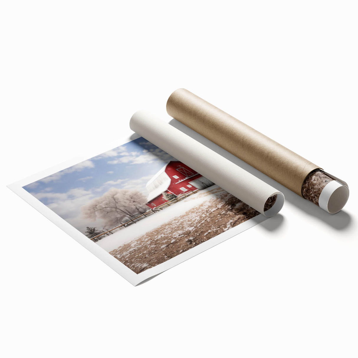 Rolled print showcasing a vibrant landscape of rustic barns against a sunset backdrop, ideal for home decor. Perfect for adding a touch of countryside charm to any space.
