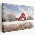 Stretched canvas artwork showcasing a rustic barn landscape design, featuring vibrant colors and detailed textures, perfect for enhancing home decor.