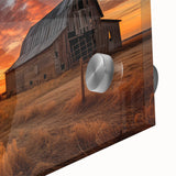 Close-up view of a vibrant acrylic glass wall art piece showcasing a serene landscape with rustic barns, perfect for home decor and interior design enthusiasts.