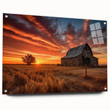 Acrylic wall art collection showcasing a vibrant landscape of a rustic barn set against a serene countryside backdrop, displayed from a side view with decorative pins. This artwork adds a touch of pastoral charm to any interior space, perfect for nature enthusiasts.