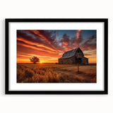 Black-framed wall art showcasing a rustic landscape with barns, designed for home decor enhancement. Ideal for farmhouse-style interiors, this piece adds warmth and charm to any room.