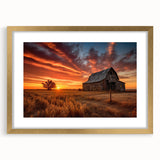 Framed wall art collection featuring a scenic landscape with a rustic barn, presented in a gold frame with a mat, perfect for enhancing home decor.