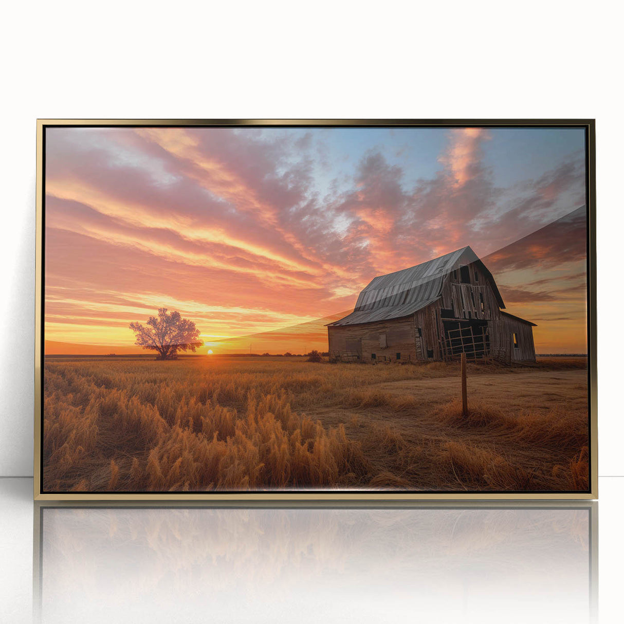 Framed acrylic wall art featuring a stunning landscape of a rustic barn surrounded by lush green fields, accented with a gold border for an elegant touch. Ideal for enhancing home decor or office spaces with a warm, countryside charm.