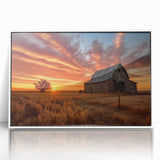 Framed acrylic wall art featuring a scenic landscape with a rustic barn, designed for home decor. The art piece showcases vibrant colors and detailed textures, perfect for enhancing any living space.