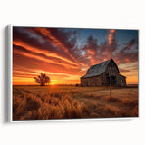Framed canvas wall art showcasing a serene landscape with rustic barns, set against a tranquil nature backdrop, perfect for home decor enthusiasts.