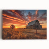 Stretched canvas wall art showcasing a scenic landscape with rustic barns, vibrant colors, and detailed textures, perfect for farmhouse decor and interior design.