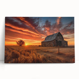 Stretched canvas wall art showcasing a picturesque landscape with a rustic barn, vibrant colors, and serene skies, ideal for home decor enthusiasts.