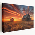 Stretched canvas wall art showcasing a serene landscape with rustic barns surrounded by vibrant greenery, ideal for enhancing home decor with a natural aesthetic.