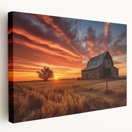 Stretched canvas wall art showcasing a serene landscape with rustic barns surrounded by vibrant greenery, ideal for enhancing home decor with a natural aesthetic.