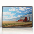 Framed acrylic wall art featuring a picturesque barn landscape design with vibrant colors, showcasing serene rural scenery, perfect for home decor enhancement.