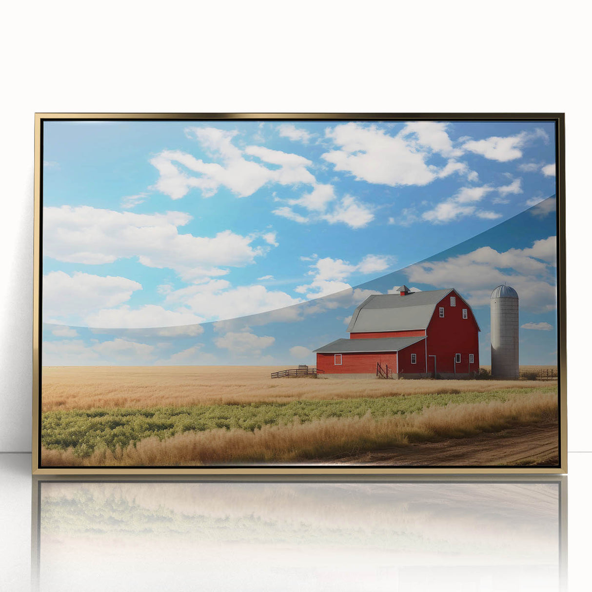 Framed acrylic wall art showcasing a picturesque barn landscape with golden accents, perfect for home décor. Ideal for rustic or farmhouse-style interiors.