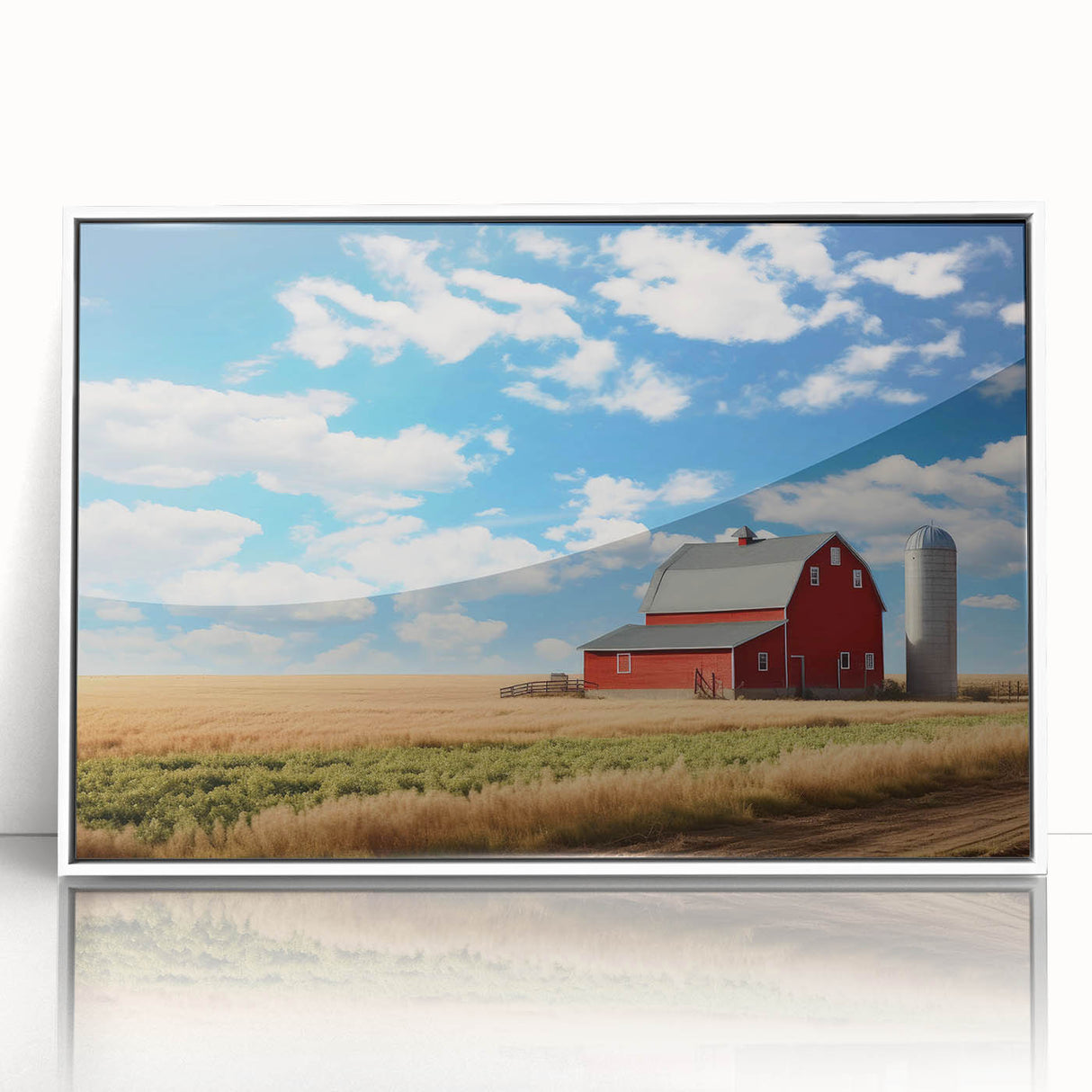 Framed acrylic wall art featuring a picturesque landscape with a rustic barn, set against a serene countryside backdrop, ideal for home decor enthusiasts.
