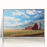 Framed acrylic wall art featuring a picturesque landscape with a rustic barn, set against a serene countryside backdrop, ideal for home decor enthusiasts.