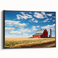 Framed canvas wall art showcasing a rustic barn landscape design, featuring warm earth tones and intricate details, perfect for enhancing home decor and creating a cozy atmosphere.