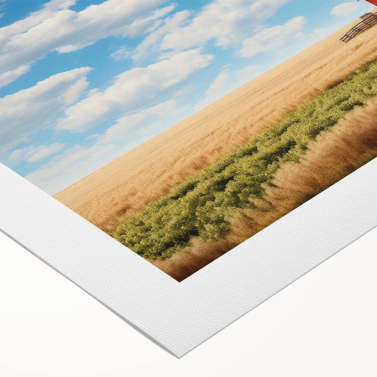 Vibrant rolled canvas wall art showcasing a rustic landscape with a traditional barn surrounded by lush green fields and a clear blue sky, perfect for home decor.