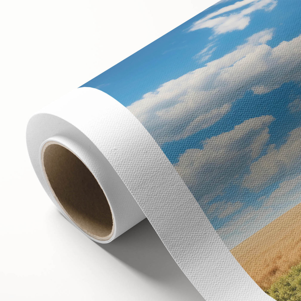 Rustic landscape wall art featuring a serene barn scene with rolling hills, vibrant greenery, and a clear blue sky, printed on high-quality rolled canvas for easy framing.