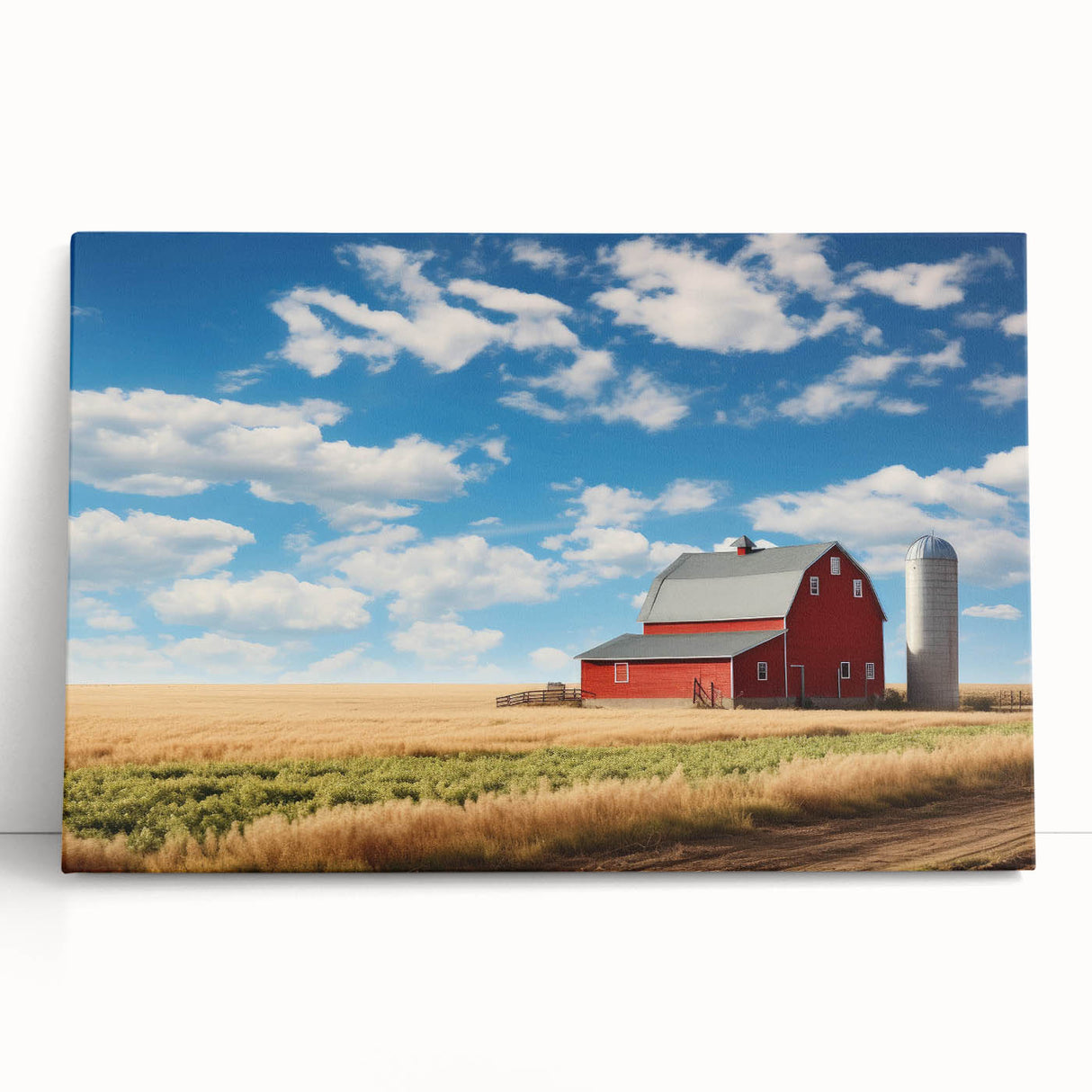 Stretched canvas artwork showcasing a serene landscape with a rustic barn, rich greens, and soft blues, perfect for enhancing home decor with a tranquil vibe.