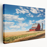 Stretched canvas wall art showcasing a scenic landscape with a rustic barn, featuring vibrant colors and intricate details, ideal for enhancing home decor and creating a cozy atmosphere. Perfect for farmhouse-style interiors or nature-inspired themes.