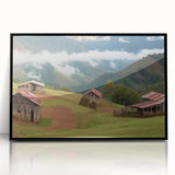 Framed acrylic wall art showcasing a serene landscape with a rustic barn, set against a vibrant sunset. Perfect for home decor and nature lovers.