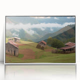 Framed acrylic wall art featuring a picturesque landscape with a rustic barn, presented in a sleek white frame, ideal for enhancing home decor aesthetics.