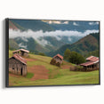 Framed canvas wall art depicting a serene landscape with rustic barns, featuring earthy tones and a black frame, ideal for enhancing home decor aesthetics.