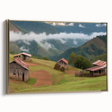 Framed canvas wall art showcasing a serene landscape with a rustic barn, accented by gold details. Ideal decor for country-themed interiors, exuding warmth and charm.