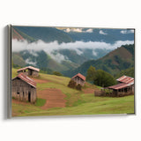 Framed canvas wall art showcasing a serene landscape with a rustic red barn surrounded by lush green fields, enhancing home decor with a touch of tranquility.