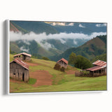 Framed canvas wall art showcasing a serene landscape with a classic red barn surrounded by lush greenery, perfect for enhancing home decor with rustic charm.