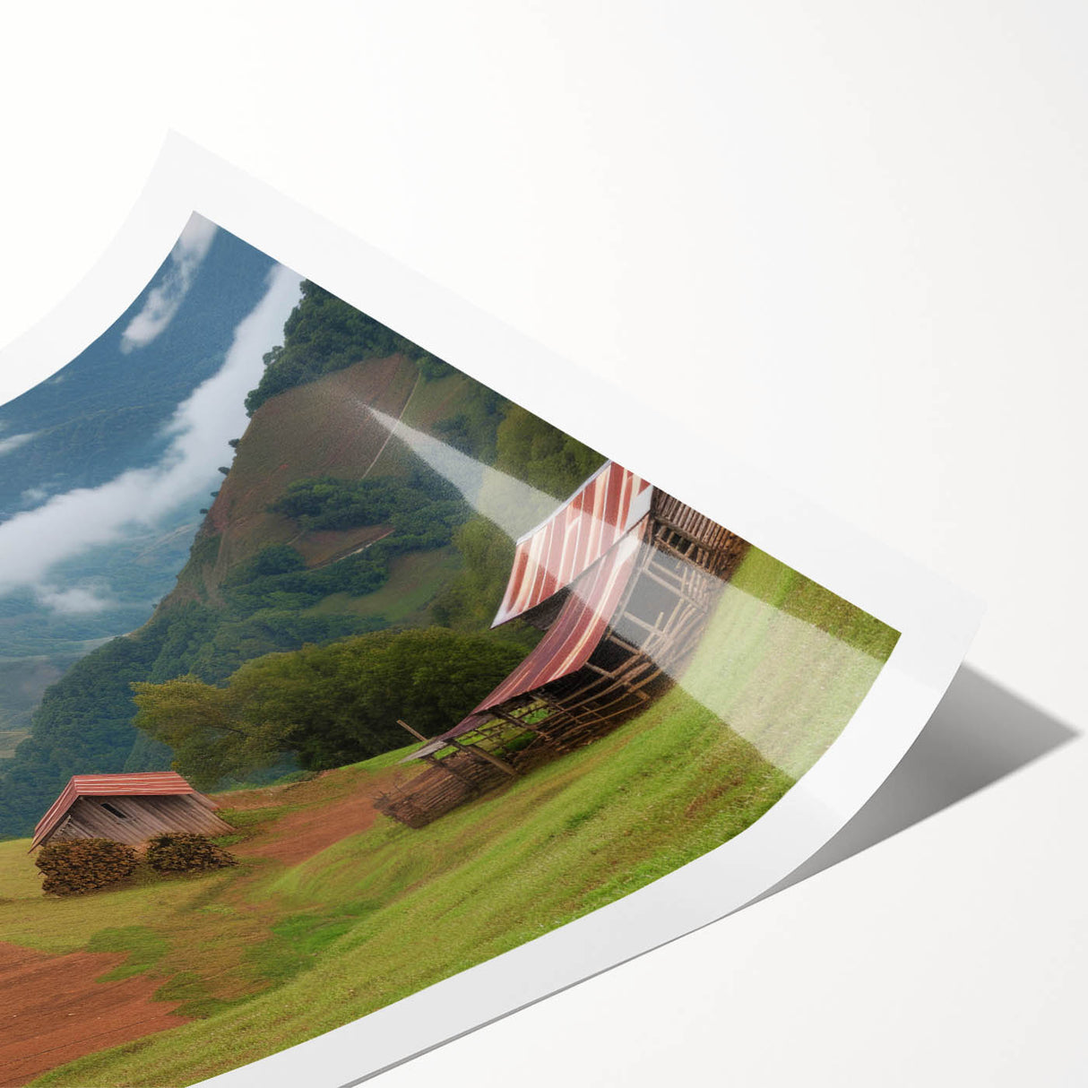 Rustic landscape wall art print showcasing a serene barn scene under a vibrant sunset, rolled and ready for framing, ideal for farmhouse decor enthusiasts.