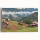 Stretched canvas wall art featuring a serene landscape scene with a rustic barn surrounded by lush greenery, creating a calming and inviting atmosphere. Ideal for home decor.