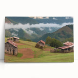 Stretched canvas wall art showcasing a serene landscape with rustic barns, vibrant greenery, and a clear blue sky, ideal for home decor accents. Perfect for nature enthusiasts seeking a calming ambiance.