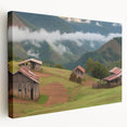 Stretched canvas wall art showcasing a serene landscape with a rustic red barn surrounded by vibrant green fields and a blue sky, perfect for farmhouse decor.