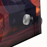 Close-up of an acrylic glass wall art piece showcasing a picturesque landscape with vibrant colors, featuring a rustic red barn surrounded by lush green fields and a bright blue sky. Ideal for home decor enthusiasts looking for rural charm.