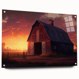 Acrylic glass wall art collection featuring a vibrant landscape design of rustic barns, displayed from the side with stylish pins, ideal for home decor. The artwork highlights warm earth tones and captures the essence of serene rural life, enhancing any interior space.