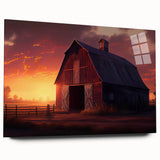 Acrylic glass wall art collection showcasing a vibrant landscape of rustic barns under a clear blue sky, featuring rich colors and intricate details, ideal for home decor.