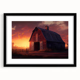 Framed wall art collection showcasing a serene landscape with rustic barns, featuring a sleek black frame and matting, perfect for home decor enhancement.