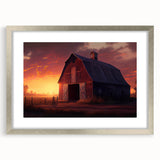 Framed wall art collection showcasing serene landscapes with rustic barns, featuring a silver frame and mat, perfect for enhancing home decor.